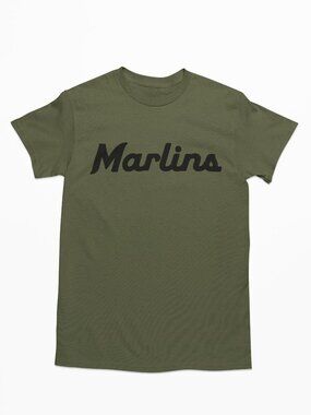 NEW Miami Marlins Script Wordmark Home Logo T-Shirt MILITARY ARMY GREEN